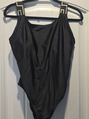 Versace Black Swim Bodysuit with Gold-Accent Logo Straps